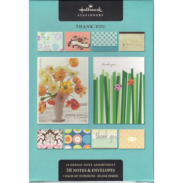 HALLMARK STATIONERY Thank You Cards (10 - Different designs: Stationary Cards) 1 Box includes - 50 Blank cards & 50 Envelopes: (5 Each of 10 Designs) (WTU8360)