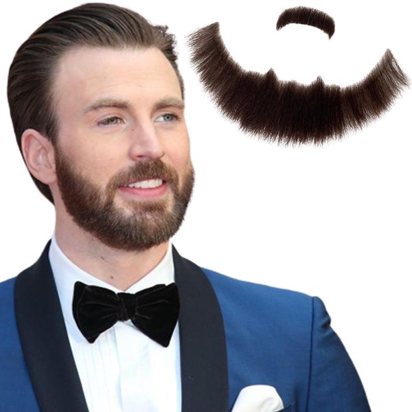 Volora Fake Beard Human Hair Full Hand Tied Facial Hair False Beards Lace Invisible Face Mustache for Party Makeup Cosplay Costume Party (Style-2, Brown)
