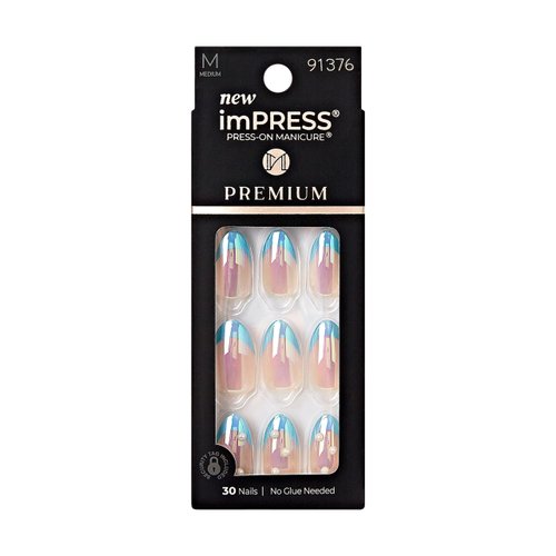 KISS imPRESS No Glue Mani Press-On Nails, Premium, Best Life', Blue, Medium Size, Almond Shape, Includes 30 Nails, Prep Pad, Instructions Sheet, 1 Manicure Stick, 1 Mini File