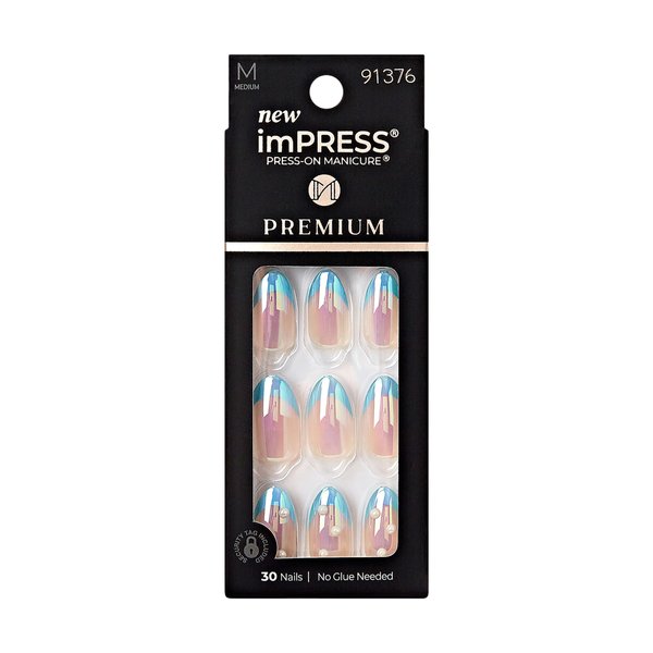 KISS imPRESS No Glue Mani Press-On Nails, Premium, Best Life', Blue, Medium Size, Almond Shape, Includes 30 Nails, Prep Pad, Instructions Sheet, 1 Manicure Stick, 1 Mini File