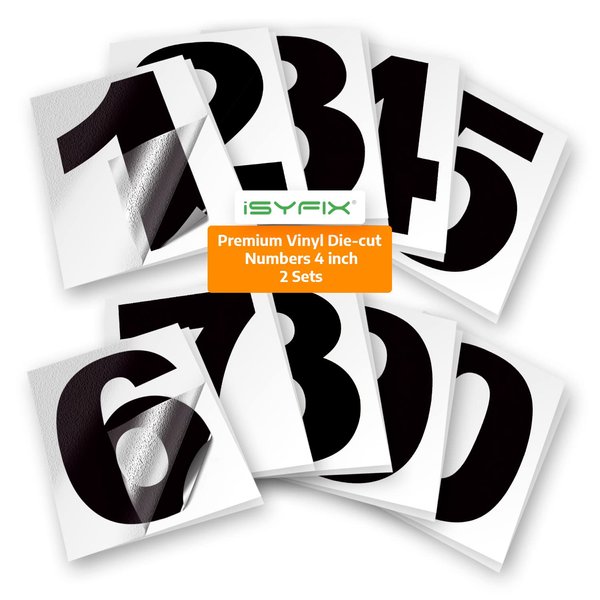 iSYFIX Black Vinyl Numbers Stickers,4 Inch Self Adhesive (2 Sets),Premium Decal Die Cut and Pre-Spaced for Mailbox, Signs, Window, Door, Cars, Trucks, Home, Address Number, Indoor or Outdoor