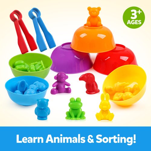 GKDOMS Counting Animals Toys Matching Game with Sorting Bowls Preschool Learning Activities Montessori Sensory Toys for Math Color Sorting, Party Favors Birthday Gifts for Kids - Zoo