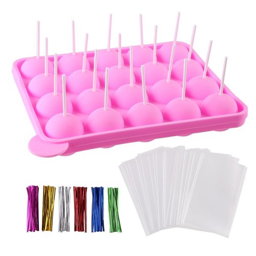 CCINEE 20 Cavity Silicone Cake Pop Mold with 30 pcs of Clear Cellophane Treat Bags 20 pcs Lollipop Sticks and 30 pcs Twist Ties in 6 Colors for Cake Pop Making and Packing
