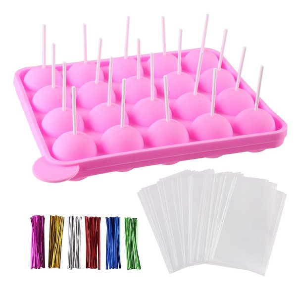 CCINEE 20 Cavity Silicone Cake Pop Mold with 30 pcs of Clear Cellophane Treat Bags 20 pcs Lollipop Sticks and 30 pcs Twist Ties in 6 Colors for Cake Pop Making and Packing
