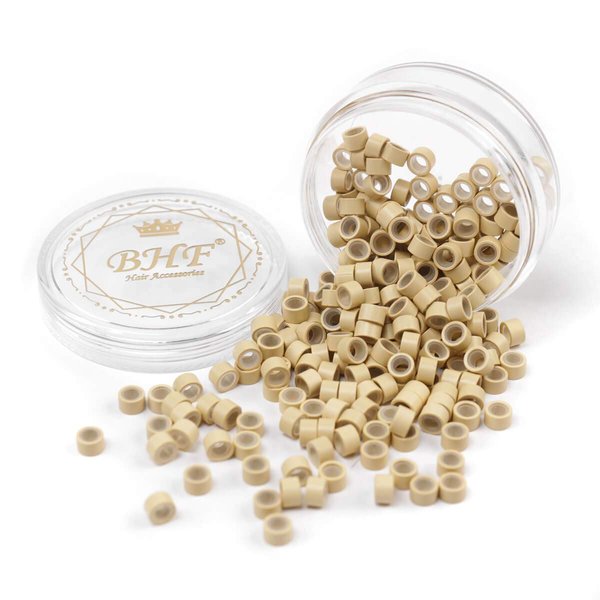 200Pcs Beads Silicone Aluminium Micro Nano Rings 5.0x3.0x3.0 mm Lined For I Tip/Nano Hair Extensions Tool Beads (Blonde Color)