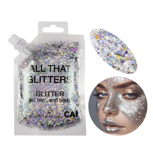 CAI BEAUTY NYC Silver Glitter Bag Gel for Face, Body and Hair 90ml 3.04oz Holographic Cosmetic Grade Glamour Chunky Glitter Makeup | Festival, Rave, Halloween, Concert Accessories for Women