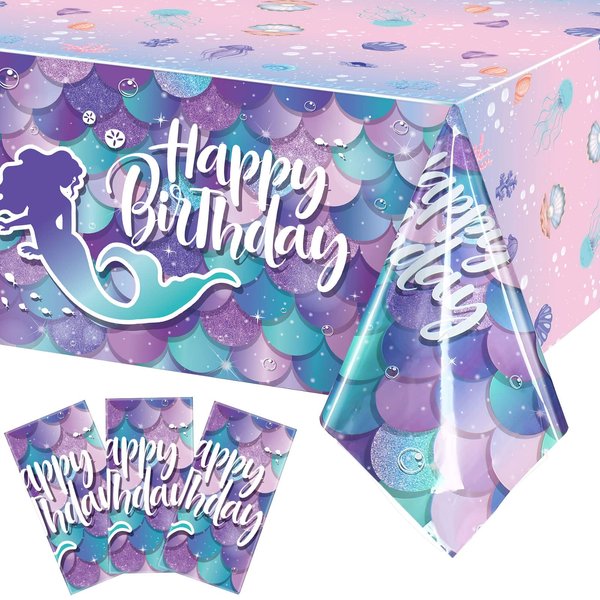 3 Pcs Mermaid Tablecloth Mermaid Princess Happy Birthday Table Cloth Ocean Sea Party Table Cover Scales Mermaid Backdrop for Baby Shower Girls Birthday Party Decoration Supplies, 54 x 108 Inch