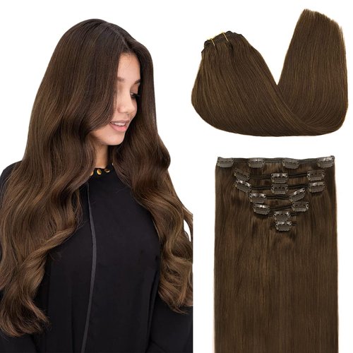 DOORES Hair Extensions Clip in Human Hair Chocolate Brown 120g 7pcs 14 Inch Clip in Remy Human Hair Extensions Straight Natural Hair Extensions