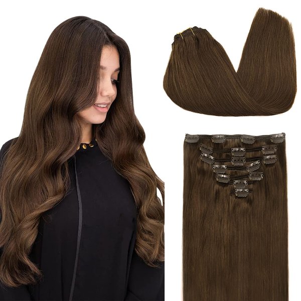 DOORES Hair Extensions Clip in Human Hair Chocolate Brown 120g 7pcs 14 Inch Clip in Remy Human Hair Extensions Straight Natural Hair Extensions