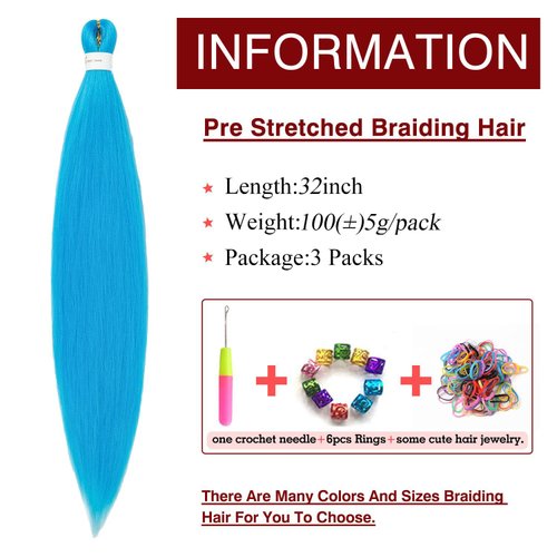 Pre Stretched Braiding Hair 32inch 3 Packs Blue Braiding hair Extensions Synthetic Crochet Braids, Hot Water Setting Professional Soft Yaki Texture. (32inch(3Packs),Blue#)