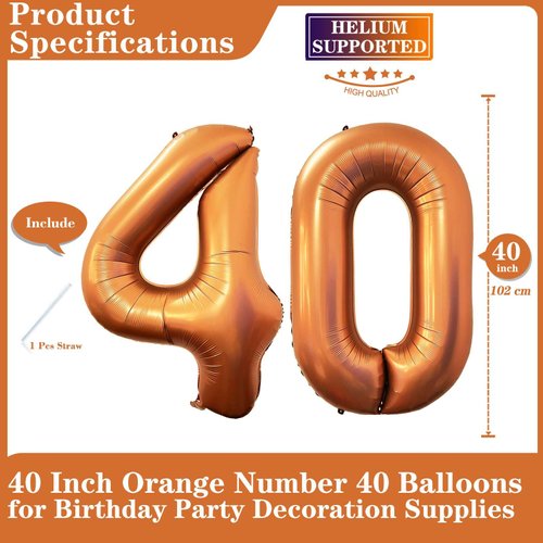 Orange 40 Number Balloons, 40 Inch Giant Number Balloons Foil Mylar Helium Orange Number 40 Balloons for 40th Birthday Party Supplies Anniversary Event Celebration Decorations