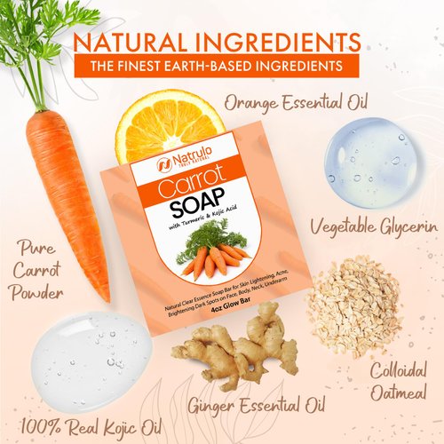 Carrot Soap for Skin Brightening – Natural Carrot Soap Bar for Spots on Face, Body, Neck, Underarm – Carotene Reduces Acne, Brightens Scars, & Evens Skin Tone – Kojic Acid Glow Bar Made in USA