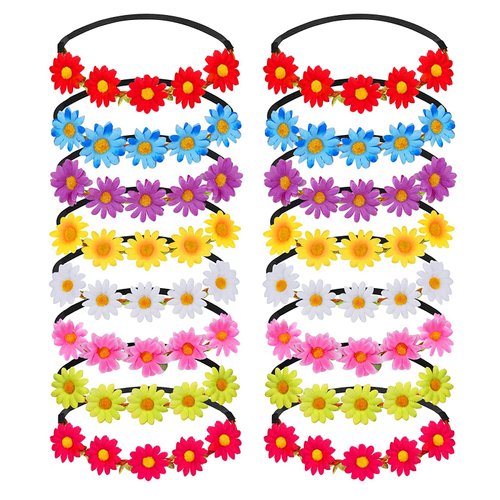 jxzdle Flower Crowns For Women,16 Pieces Multicolor Daisy Flower Headband Hippie Headbands For Women Girls With Adjustable Elastic Ribbon Floral Garland Headbands For Festival Wedding Party