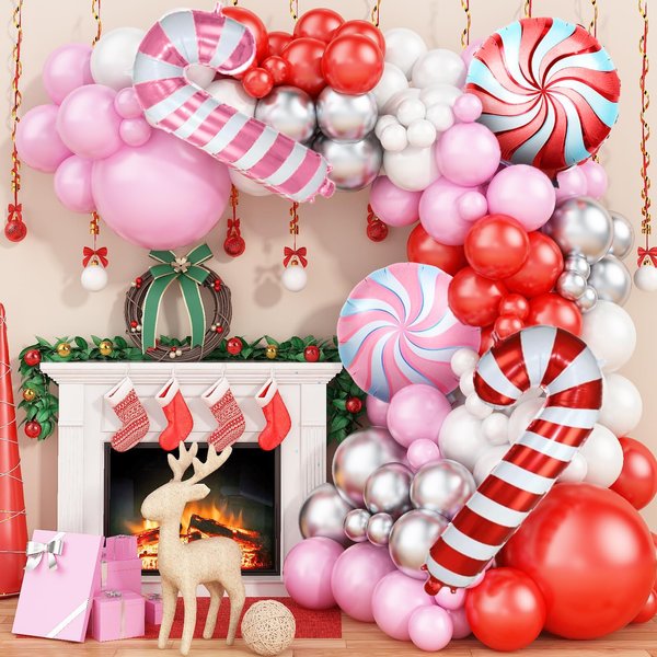 Christmas Balloon Arch Kit, Pink Red White Christmas Balloon Garland Arch Kit with Metallic Silver Balloons Candy Cane Foil balloon for Christmas Party Decorations New Year Xmas Party Supplies