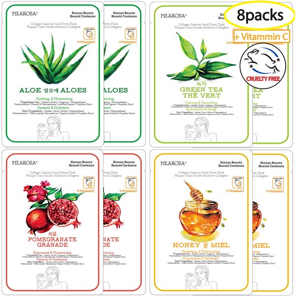MEAROSA DESIGN Vitamin C Collagen Firming Essence Face Mask Beauty Facial Mask Sheet Mask Korea Skin Care Premium Quality (8 pack)