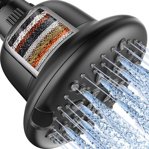 Cobbe Filtered Shower Head, 7 Modes High Pressure Shower Heads - 16 Stage Shower Head Filter for Hard Water for Remove Chlorine and Harmful Substances (Midnight Black Matte, 5 Inch Round)