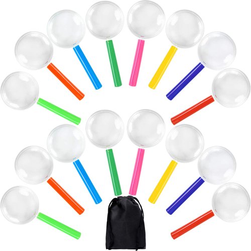 Elcoho 16 Pack Magnifying Glasses Plastic Colorful Magnifying Glasses for Party Favors Educational Toys with Storage Bag, 8 Colors