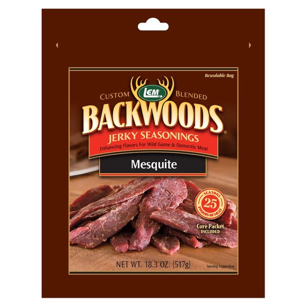 LEM Products Backwoods Mesquite Jerky Seasoning, Ideal for Wild Game and Domestic Meat, Seasons Up to 25 Pounds of Meat, 18.3 Ounce Packet with Pre-Measured Cure Packet Included