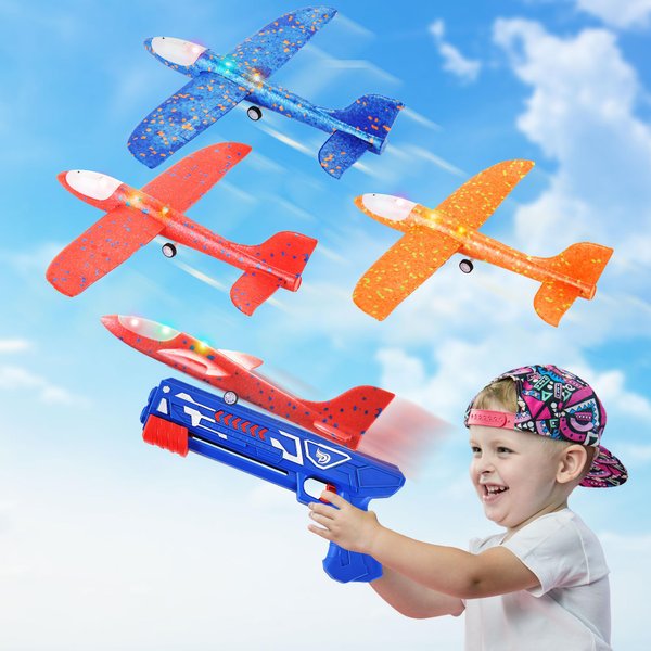 PowerTRC 3 Pack Airplane Launcher Toys, 13.8” LED Catapult Foam Glider Plane Toy for Boys, 2 Flight Modes Outdoor Sport Flying Toys for Kids