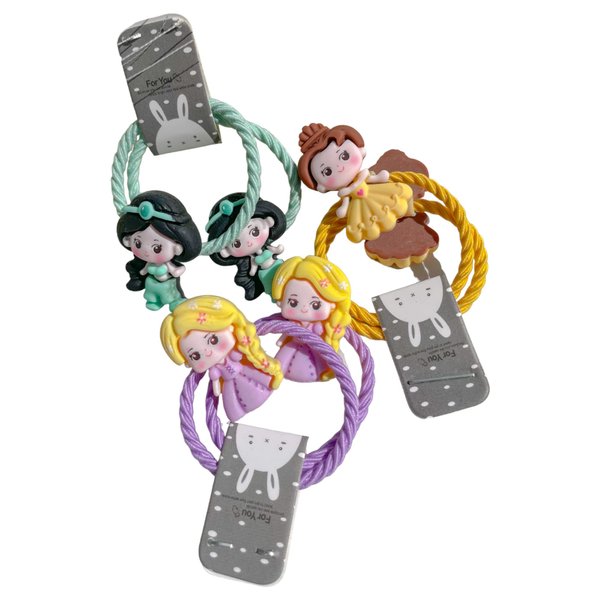 HEY SIS! 6 Princess Hair Ties, Girls Fine Hair Ties, Elastic Ponytail Holder, Princess Accessories, Jasmine, Belle, Rapunzel (Princess Set 2)