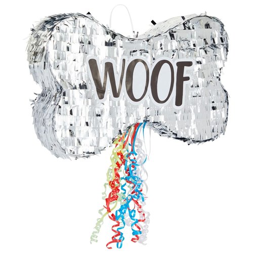 BLUE PANDA Pull String Dog Bone Pinata for Puppy Birthday Party Decorations, Silver Foil (Small, 16.8 x 10 x 3 In)