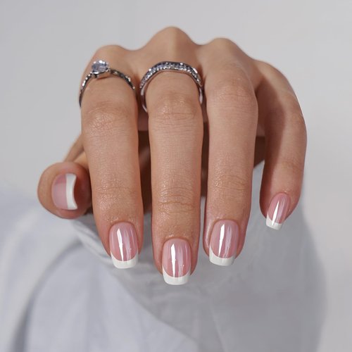 BTArtbox Press on Nails Short - White French Tip Press On Nails Square, Chrome Glazed Glue On Nails for Summer Day Gifts, Reusable Stick On Nails in 15 Sizes - 30 Soft Gel Fake Nail Kit, Be Elegant