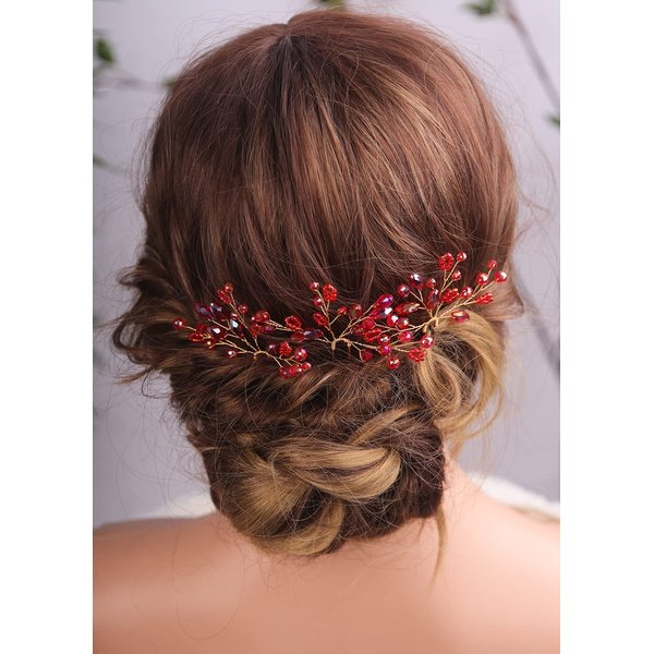 Teyglen 2pcs Crystal Bride Wedding Hair Pins Red Rhinestones Beads Hair Pins Set Bridal Hair Accessories Gold Silver Purple Blue Rhinestones Hair Pieces for Women Girls (Pink)