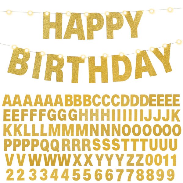 TaoBary 112 Pcs DIY Letter Banner Glitter Customizable Banner Kit Custom Banner Including 107 Letters and Numbers 3 Rope for Christmas Birthday Party(Gold)