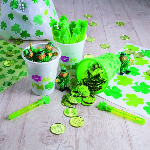 Fun Express Plastic 4-Leaf Clover Good Luck Coins for St. Patrick's Day (144 Coins) Party Favors & Decorations, Novelty Party Supplies