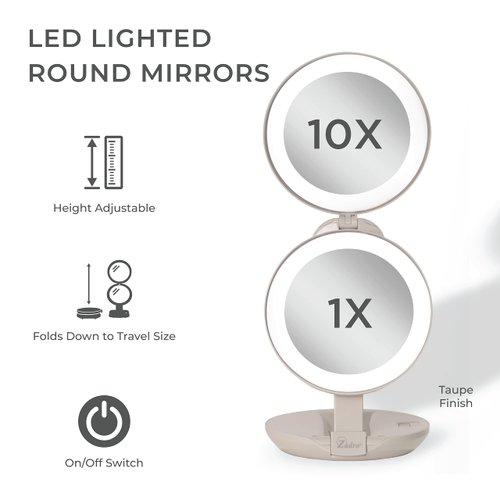 Zadro 4.5" Round LED Compact Mirror 10X/1X Travel Mirror with Lights and Magnification 3 AAA batteries LED Makeup Mirror
