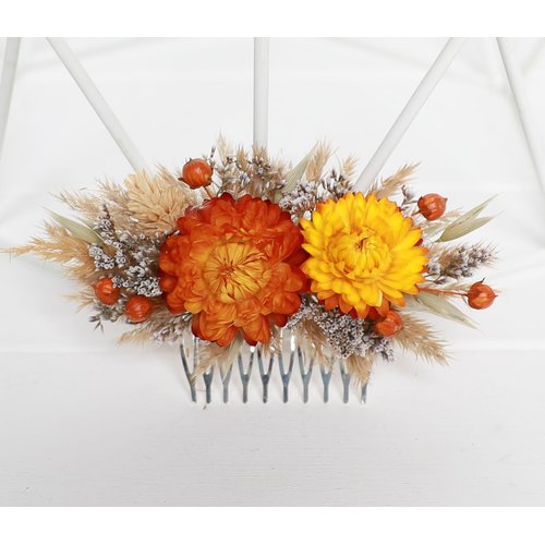Generic Natural dried flowers ivory hair comb, ivory cream dried flowers rustic hair piece (orange)