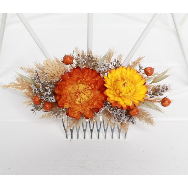 Generic Natural dried flowers ivory hair comb, ivory cream dried flowers rustic hair piece (orange)