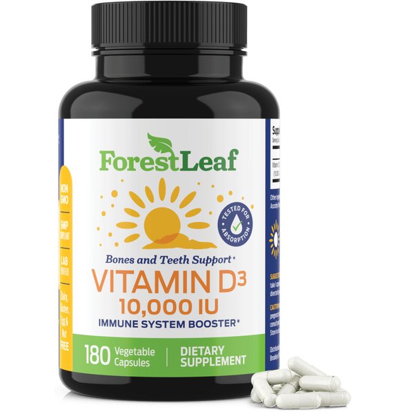 ForestLeaf Vitamin D3 10000IU - Bone Health and Immune Support - Small Easy to Swallow Capsules - Non-GMO Gluten Free VIT D - VIT D3 Vitamin D Supplements for Women and Men, 180 Count