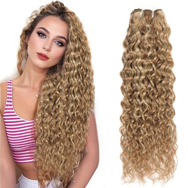 FASHION LINE Brazilian P27/613 Water Wave Blonde Human Hair Extensions Unprocessed Human Hair Bundles Weft 1PC 100g Piano Color (16")