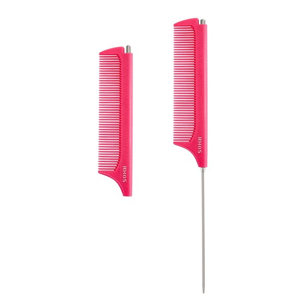 RHOS Retractable Rat Tail Comb for Parting,Protable Fine Tooth Teasing Comb for Styling,Hair Cutting,Braiding-Carbon Parting Combs for Braiding Hair,Stainless Steel Pin Tail Teasing Comb(Pink)