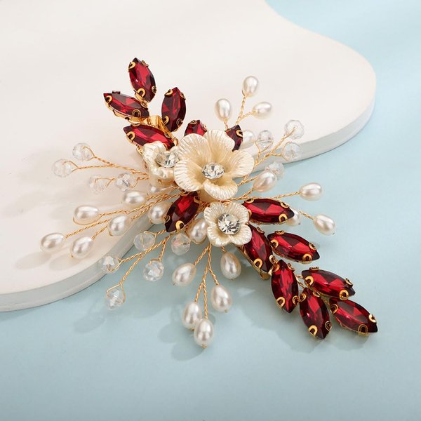 Teyglen Crystal Bridal Hair Clip Wedding Flower Rhinestone Hair Clips Handmade Pearls Crystal Hair Pieces Barrette Wedding Hair Accessories for Bride Floral Flower Headpieces for Women Girls (Wine