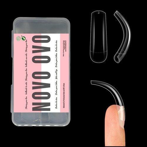 NOVO OVO 100 pcs Long Hawk Curved Nail tips, Clear Cystal Extra Super Extreme Deep Curve Half Cover Tapered Square Eagle Claw Soft Gel False Nail Extension for Acrylic Nails x 10 Sizes in Box