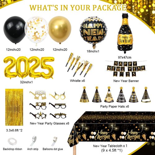 AIBIIN 90 Pcs Happy New Year 2025 Party Supplies Black Gold New Years Eve Decorations with Hats, Banner, Glasses, Blowout, Balloons, Tablecloth 2025 New Year NYE Party Decoration Supplies