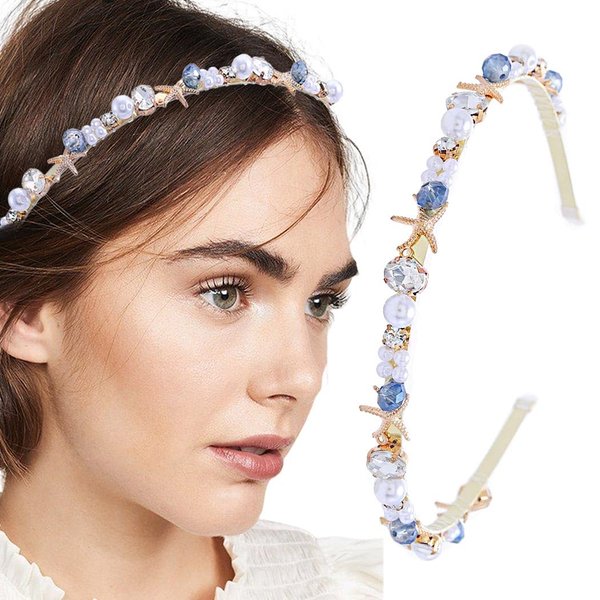 Firuilo Starfish Headband Bling Rhinestones Pearl Head Bands Glitter Crystal Bride Wedding Party Hair Accessories for Women and (Type C)