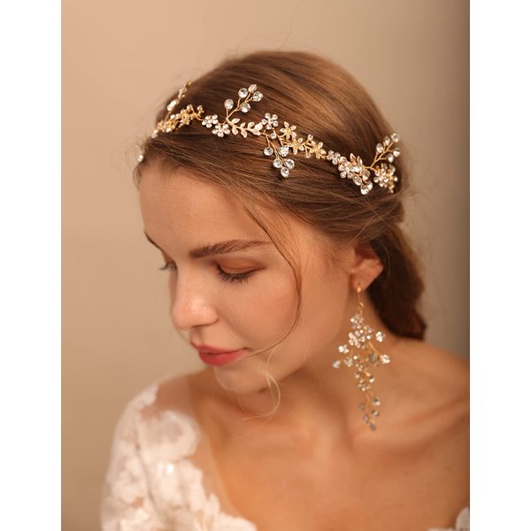 Jumwrit Wedding Headband Earrings Set Handmade Rhinestone Crystal Headpiece Flower Leaves Hair Band Dangle Earrings Bridal Hair Accessories for Women Girls Bride Bridesmaid（Gold）