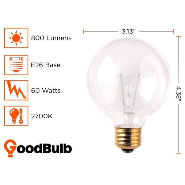 GoodBulb 6O-Watt G25 Globe Light Bulbs | Shatter Shield | Semi-Transparent Finish Medium E26 Base 2700K Warm White Light Color | Dimmable | 800 Lumens | Pack of 10 Bulbs