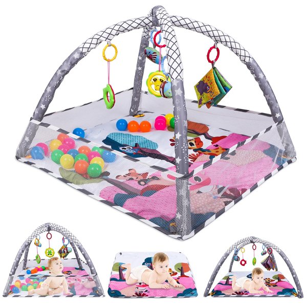 GYBest Baby Gym - Baby Activity Play Mats Gym for Floor for Infant, Baby Gyms & Playmats Baby Activity Mat Including Infant Moveable Sensory Development Toys for Girl Boy Babies (Grey & Pink)