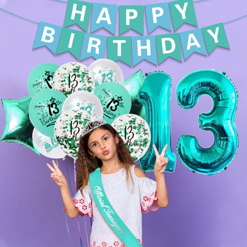 13th Birthday Decorations for Girls,Glitter 13th Birthday Cake Topper&sash,Happy Birthday Banner,Teal 13th birthday Balloons and Foil Balloons and 13th Birthday Crown-Teal Birthday Decor