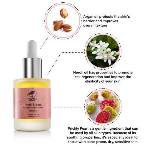 R'GANIA Prickly Pear, Argan & Neroli Repairing Oil for Face, 100% pure with no additives. Imported from Morocco.