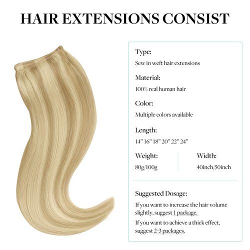DOORES Weft Extensions Sew in Hair Extensions Real Human Hair, Drity Blonde Highlight Golden Blonde 24 Inch 120g, Hair Weft Extensions, Sew in Hair Extensions Real Human Hair