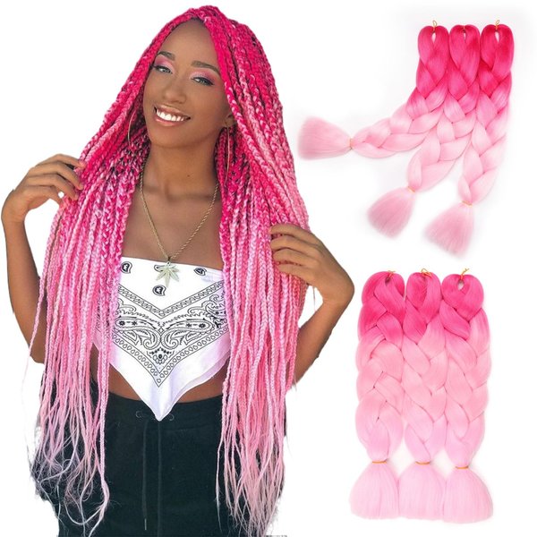 Pink Braiding Hair Extensions for Braids 24 inch 6 Packs Synthetic Hair for Braiding Hot Pink to Light Pink