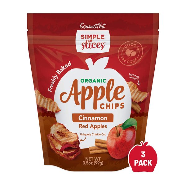 Gourmet Nut Simple Slices Organic Baked Apple Chips, USA Grown Apples, No Added Sugar, Red Apples with Cinnamon, 3.5oz bags, Pack of 3, 10.5oz total