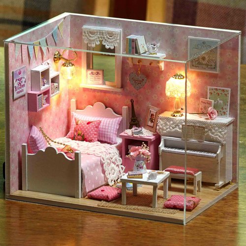 Dollhouse Miniature DIY Kit with Decoration Furniture and LED Lights, Handmade 3D Miniature Dollhouse with Tools and Cover, DIY Wooden Dollhouse with English Instructions (Sunshine Princess Style)