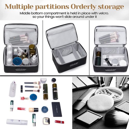 KaAutoler Portable Cosmetic Bag with Lock, Large Capacity Travel Makeup Case Organizer, Waterproof Makeup Bags for Girls Traveling With Handle and Divider Makeup Bag…(Black)