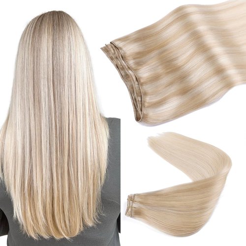 VINBAO Weft Hair Extensions Human Hair Sew in Weft Human Hair Extensions Caramel Blonde Mix Platinum Blonde Human Hair Weft Extensions 16 Inch #27/60 80g Double Weft (weft#27P60,16'')